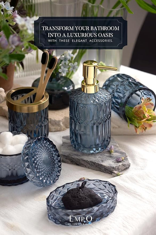 EMPO 6PCS Bathroom Clear Glass Accessories Set (Lotion Soap Dispenser, Soap Dish, Toothbrush Holder, Tumbler, Cotton Swab Jar), Contemporary Modern Decor Crystal Vintage Gift (6pcs Blue)
