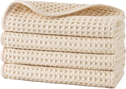 POLYTE 430 GSM Microfiber Lint Free Washcloth Face Towel, 13 x 13 in, 4 Pack (Waffle Weave)