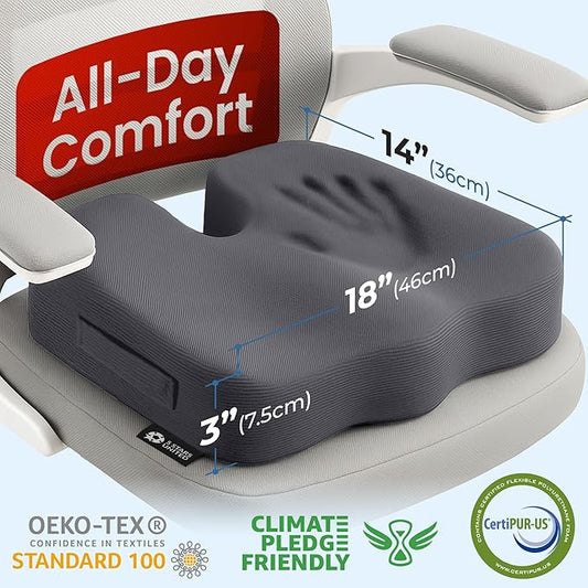 5 STARS UNITED Seat Cushion for Tailbone Pain Relief – Memory Foam Cushion for Coccyx, Hip, Hemorrhoid, Sciatica & Post-Surgery Recovery – Wheelchair, Car, Desk, Gaming & Office Chairs, D Gray