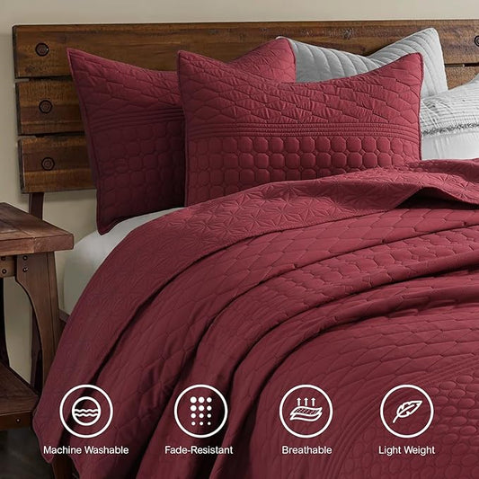 HORIMOTE HOME Burgundy Red Queen Size Quilt Set - Soft Microfiber Bedspread with 2 Shams, Lightweight & All-Season Geometric Coverlet for Cozy Bedding