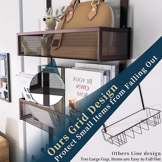 Consumest Over The Door Hooks Organizer - Extra Long Door Hanger with 9 Coat Hooks & 2 Mesh Basket, Back Storage Organizer Hanging Towels for Bathroom, Bedroom, Bronze (for 1.76in Doors)