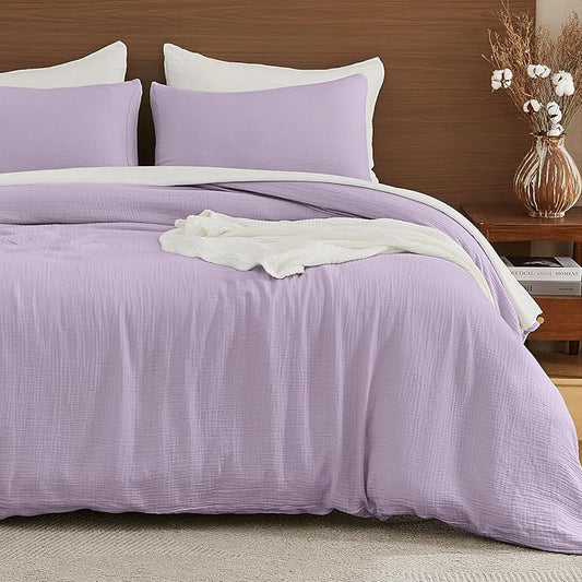 EMME Muslin Cotton Duvet Cover Set Lavender Twin Size Linen Like Soft Breathable Lightweight Summer Comforter Cover Set with Zipper Closure (Lavender, Twin, 68"x90")