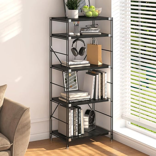 5 Tier Bookshelf, Book Shelf 67/59Inch, Tall Bookcase, Industrial Bookshelves, w/Metal X-shaped support, Adjustable Shelves, Metal Fram, for Living Room,kitchen (Black, H 59.06×W27.56×L 11.81 IN)