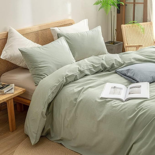 BESTOUCH Duvet Cover Set 100% Washed Cotton Linen Feel Super Soft Comfortable Chic Lightweight 3 PCs Home Bedding Set Solid Sage Green Oversized Full