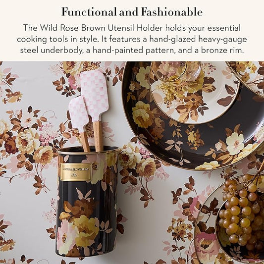 MACKENZIE-CHILDS Enamel Utensil Holder, Stylish Kitchen Countertop Organizer, Wild Rose Brown