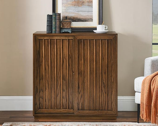 LKTART Mid Century Modern Sideboard Buffet Cabinet with 2 Fluted Sliding Door,Small Storage Cabinet with Outlet Holes for Living Room, Kitchen, Entryway, Hallway 32" Walnut