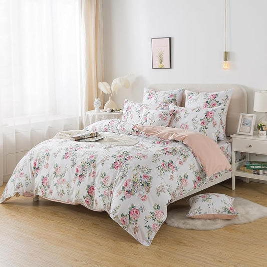 FADFAY Duvet Cover Set Twin XL Pink Rose Floral College Bedding Shabby Peony Flower Quilt Cover Set 100% Cotton Soft Comforter Cover Set with Hidden Zipper Closure 3Pcs, Twin XL Size for Dorm Room