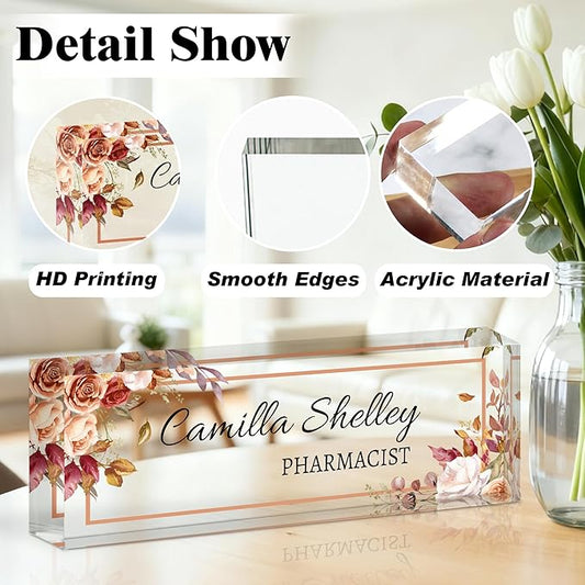 Ship Next Day-Custom Name Plate for Desk, Desk Name Plate Personalized, Acrylic Office Desk Accessories, Appreciation Gifts for Coworkers Employee Boss Teachers Women Men (Rose)