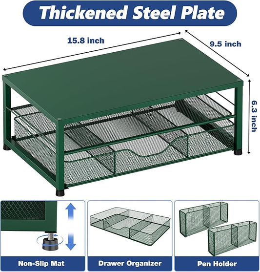 OPNICE Desk Organizers and Accessories, 2-Tier Computer Monitor Stand Riser with Drawer and 2 Pen Holders, Laptop Stand, Office Desk Accessories for Office Supplies, Dark Green