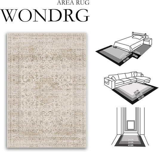 4x6 Washable Beige Area Rug Vintage Entryway Office Carpet Non-Slip Soft Low Pile Distressed Indoor Throw Rug for Living Room Bathroom Dining Room