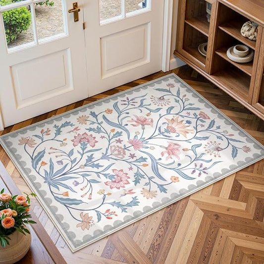 Lahome Boho Floral 2x3 Small Bathroom Rugs Non Slip Washable, Grey/Beige Kitchen Rugs for Entryway, Soft Indoor Carpet Throw Rug for Laundry Indoor Door Mat (Grey/Beige,2x3)