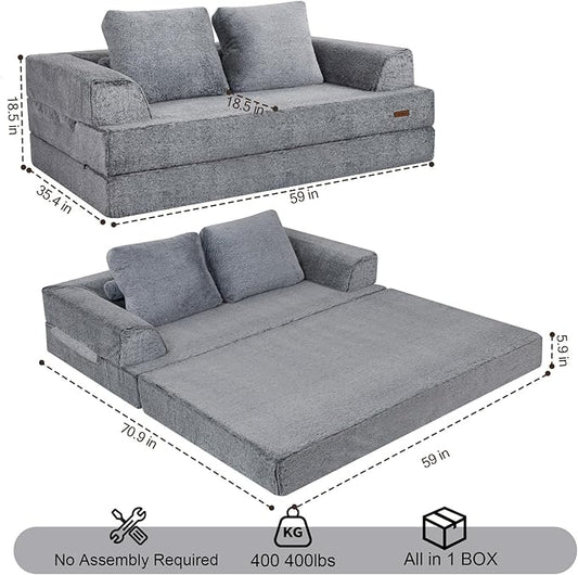 COMAX Convertible Sofa Bed, Folding Floor Couch Corduroy Fold Out Couch Bed Futon Sleeper Mattress with Pillows, Boneless Sofa Comfy Lounge Loveseat for Living Room Bedroom, Snow Grey