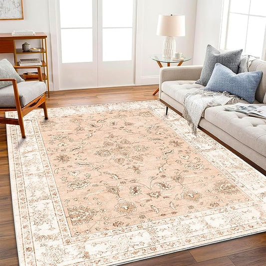 Area Rug 6x9 Washable Rug Tangerine Vintage Traditional Floor Cover Thin Retro Kitchen Indoor Distressed Non Slip Carpet Floral Print Mat Living Room Bedroom Dining Room