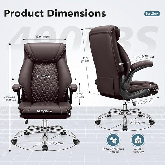 Office Chair, Ergonomic High Back Home Office Desk Chair, Big and Tall Breathable Leather Office Chair with Lumbar Support Flip-Up Armrests, Computer Chair with Rocking Function