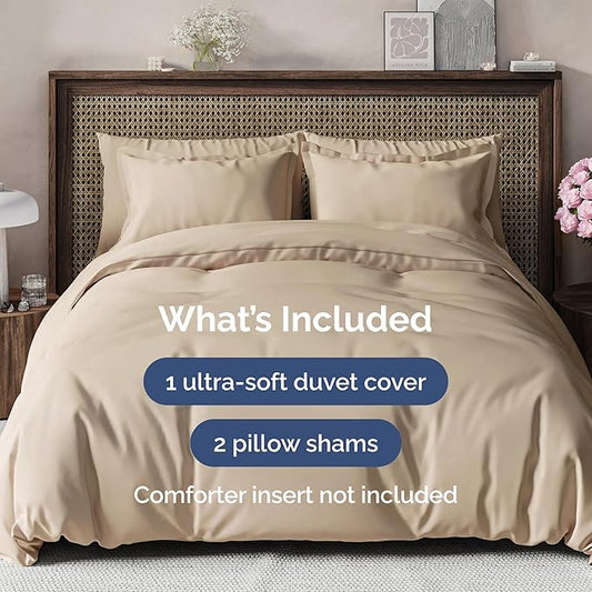 Duvet Cover Queen Size Set - Extra Soft Queen Size Duvet Cover 90 x 90 with 2 Pillow Shams - Hotel Luxury, Easy Care and Fade Free with Zipper Closures & Ties - Comfy, Breathable Bedding Set (Cream)