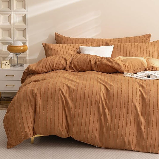 JELLYMONI Duvet Cover King Size Rust - 3PCS Boho Striped Duvet Cover Set Polyester Tufted Bohemian Textured Comforter Cover 104×90in with Corner Ties & Zipper and 2 Pillowcases