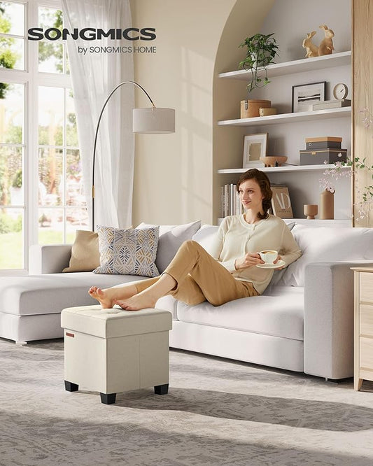 SONGMICS Storage Ottoman, Small Ottoman Foot Rest with Legs, 15 x 15 x 15.7 Inches Foot Stool, Load up to 660 lb, for Living Room, Bedroom, Dorm, Cream White ULSF014W01