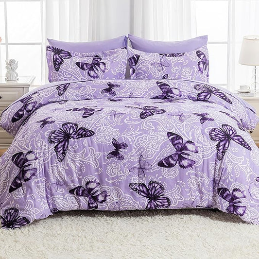 ARTALL Bed in A Bag Full/Queen Size 7 Pieces, Purple Paisley Butterfly Bedding Comforter Set All Season Bed Set with 1 Comforter, 2 Pillow Shams, 1 Flat Sheet, 1 Fitted Sheet, 2 Pillowcases
