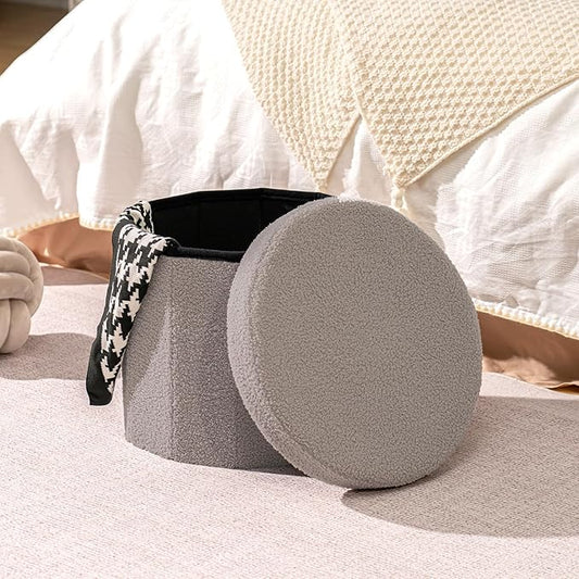 B FSOBEIIALEO Storage Ottoman Cube, Round Ottomans with Storage Foot Stool Footrest for Lving Room, Boucle Ottoman Seat for Dorm Room,Faux Teddy Fur, Grey 15"x15"x13.19"