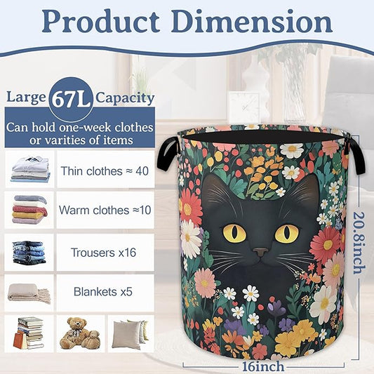 Cute Funny Black Cat Laundry Basket,Oxford Cloth Flower Laundry Hamper With Handle Foldable Portable Clothes Storage Basket for Laundry Room/Bedroom/Bathroom 20.8"x16"