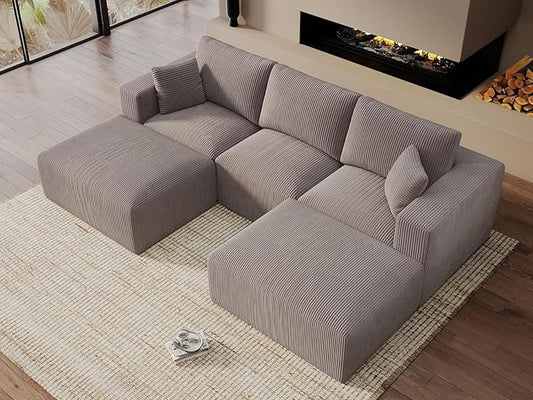 Modular Sectional Sleeper Sofa Couches for Living Room - Modern 110" U-Shaped Boneless Cloud Couch - Easy Assembly, Grey Cozy Corduroy Convertible Full Sponge Compression Sofas for House, Apartment