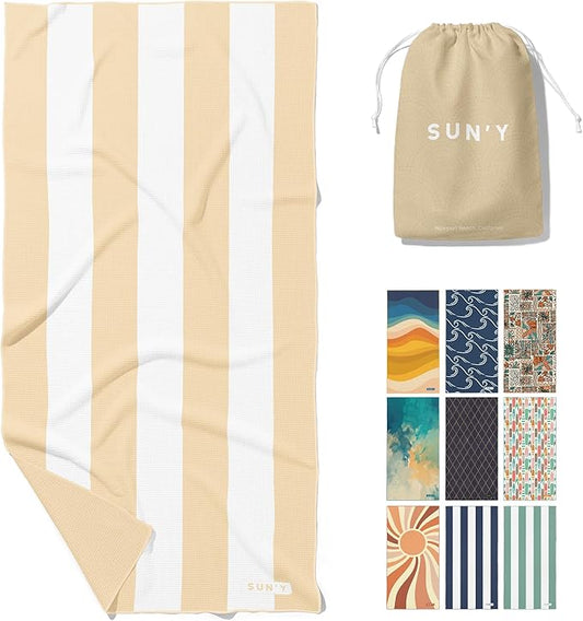SUN'Y Waffle Microfiber Beach Towel – Sand Free, Quick Dry, Ultra Absorbent, Lightweight & Compact Travel Towel with Carry Bag - Large (63” x 31.5”), Natural Sand