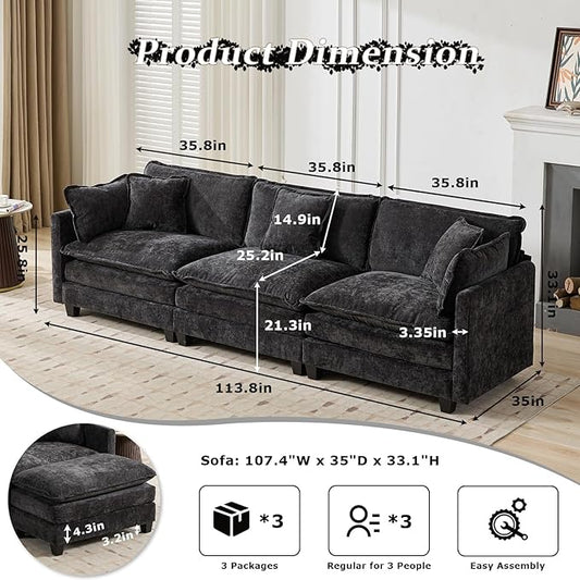 SoarFlash 113.78" Chenille Sectional Sofa, Comfy Modular Loveseat Sofa, Modern 3-Seat Couch Deep Seat Sofa Set for Living Room,Black