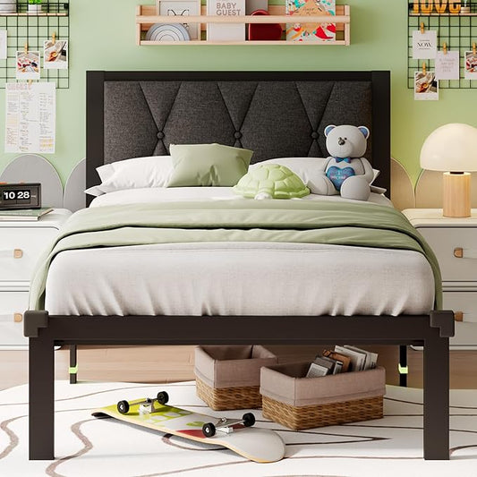 iPormis Twin Metal Bed Frame, Linen Platform Bed with Button Tufted Headboard, Heavy Duty Slats Support, 12" Under Bed Storage, No Box Spring Needed, Easy Assembly, Dark Gray