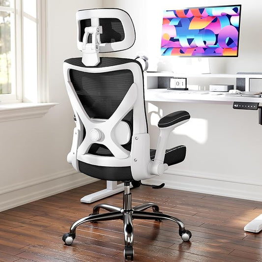 Office Home Ergonomic Desk Chair-Computer X-Shaped Chair Mesh PU Leather with Adjustable Lumbar Support-Executive Chair High Back with Headrest Flip-Up Arms for Long Hours (Light Black)