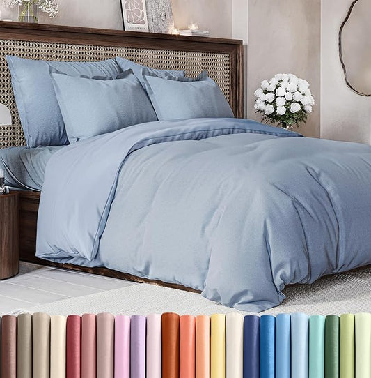 CGK Unlimited Duvet Cover Queen Size Set - Extra Soft Queen Size Duvet Cover 90 x 90 with 2 Pillow Shams - Hotel Quality w/Zipper Closures & Ties - Bedding and Bed Linens Set (Heathered Blue)