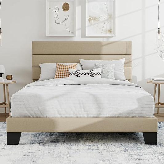 SHA CERLIN Queen Platform Bed Frame with Upholstered Fabric Headboard, Mattress Foundation with Strong Wooden Slats Support, No Box Spring Needed, Beige