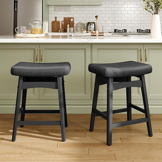 MAISON ARTS Black Counter Height Bar Stool for Kitchen Counter Solid Wood Legs with Faux Leather Saddle Seat Farmhouse Barstool for 34"-38" Counter Island Upholstered Stool, 24in Height, 1pc
