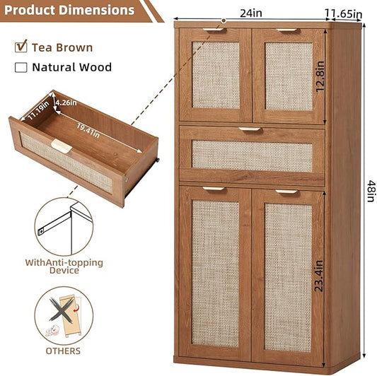 LEYAOYAO 48" Tall Storage Cabinet,Rattan Bathroom Floor Cabinets with 4 Doors & 1Drawer,Boho Kitchen Pantry with Adjustable Shelves,Wooden Cupboard for Living Room,Home Office,Dining,Brown