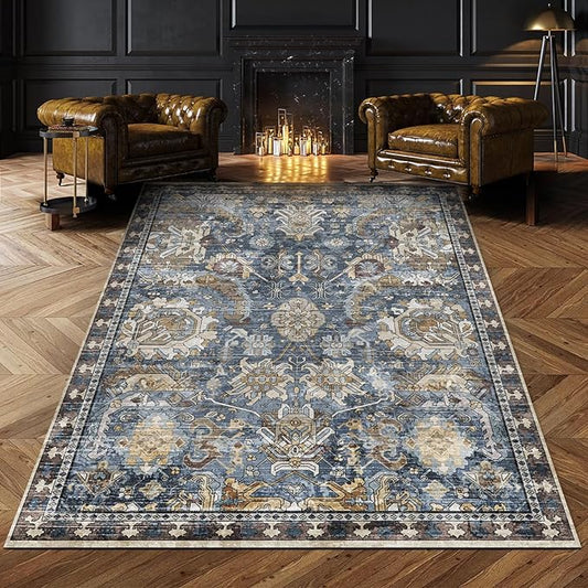 RUGSURE Washable Area Rugs - Stain & Water Resistant Non-Slip Backing - Pet & Child Friendly Vintage Tribal Design in Navy with Beige, Brown & Gold Accents - Ideal for Living Room (8' x 10')