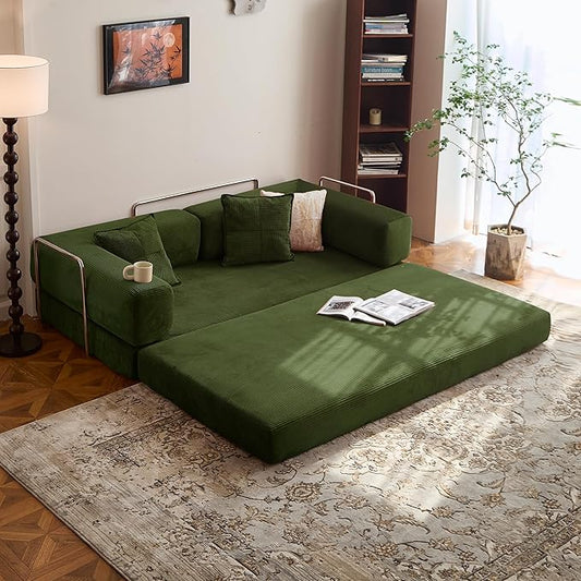 78.8" Convertible Sofa Bed -Compression Sofa with Corduroy Fabric - with Armrests and Backrest - Modular Sectional for Living Room, Bedroom, Studio - Compression Sofa in Box (Military Green)