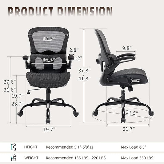 Office Chair, Ergonomic Desk Chair with Adjustable High Back 2D Lumbar Support Flip-up Armrests, Executive Breathable Mesh Comfy Swivel Rolling Computer Task Chair for Home Office Study Work Gaming