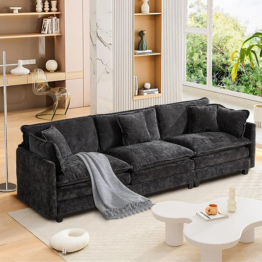 SoarFlash 113.78" Chenille Sectional Sofa, Comfy Modular Loveseat Sofa, Modern 3-Seat Couch Deep Seat Sofa Set for Living Room,Black