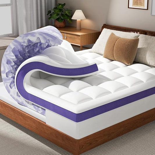 Dual Layer 4 Inch Memory Foam Mattress Topper Queen - 2 Inch Gel Memory Foam and 2 Inch Pillow Top Mattress Pad, 7-Zone Egg Crate Mattress Topper