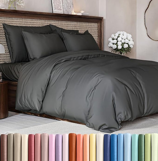 Duvet Cover King Size Set - Extra Soft King Size Duvet Cover 104 x 90 with 2 Pillow Shams - Hotel Luxury, Easy Care and Fade Free w/Zipper Closures & Ties - Comfy Breathable Bedding Set (Charcoal)