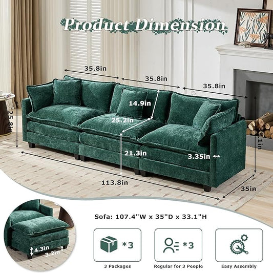 SoarFlash 113.78" Chenille Sectional Sofa, Comfy Modular Loveseat Sofa, Modern 3-Seat Couch Deep Seat Sofa Set for Living Room,Green