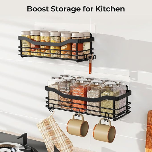 Orimade Adhesive Shower Caddy Shelf with 5 Hooks Organizer Storage Rack Rustproof Wall Mounted Stainless Steel No Drilling for Bathroom, Toilet, Kitchen - 2 Pack,Black