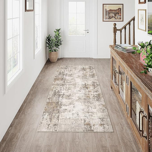 2x5 Washable Runner Rug Brown Grey Abstract Hallway Kitchen Throw Rug Neutral Modern Non Slip Soft Low Pile Carpet for Bathroom Laundry Bedroom Living Room