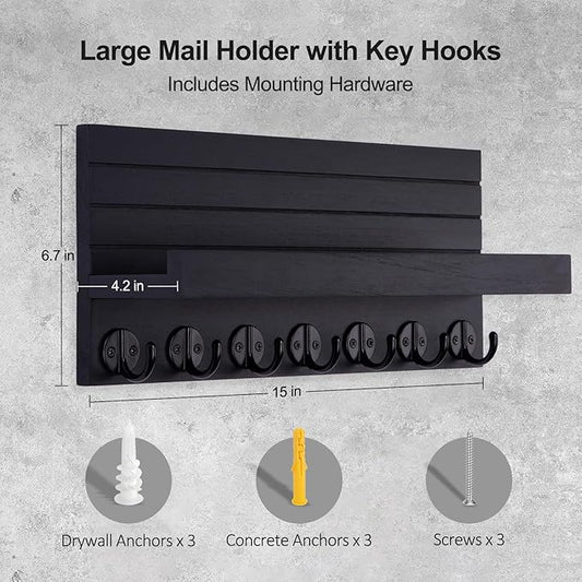 Key Holder Wall Mount, Entryway Key and Mail Holder with 7 Sturdy Hooks for Sunglasses, Dog Leash, Decorative Wall Shelf with Mounting Hardware, 15”W x 6.7”H x 4.2”D