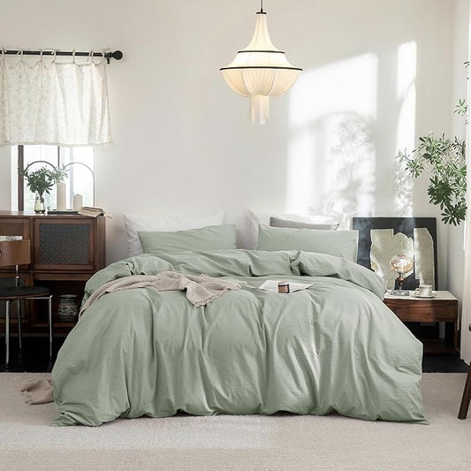 FOSSA Duvet Cover Set 100% Washed Cotton Linen Feel Super Soft Breathable Cozy 3 Pieces Bedding Sets Solid Sage Green Super Queen