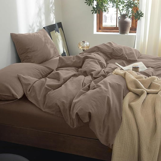 FOSSA Duvet Cover Set 100% Washed Cotton Linen Feel Super Soft Breathable Cozy 3 Pieces Bedding Sets Solid Pale Brown Twin