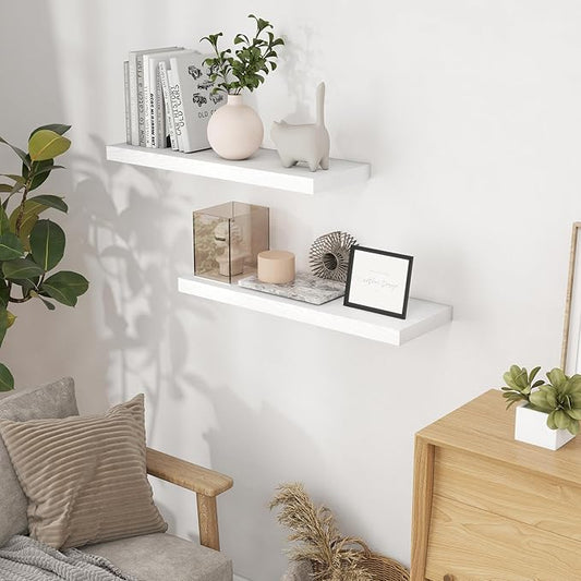 Fun Memories 32 Inch Floating Shelves, Wall-Mounted Bathroom Shelves Set of 2, 9.3 Inch Deep Floating Shelf Bookshelf for Living Room, Bedroom, Heavy-Duty Deep Storage Shelf for Wall, White Color