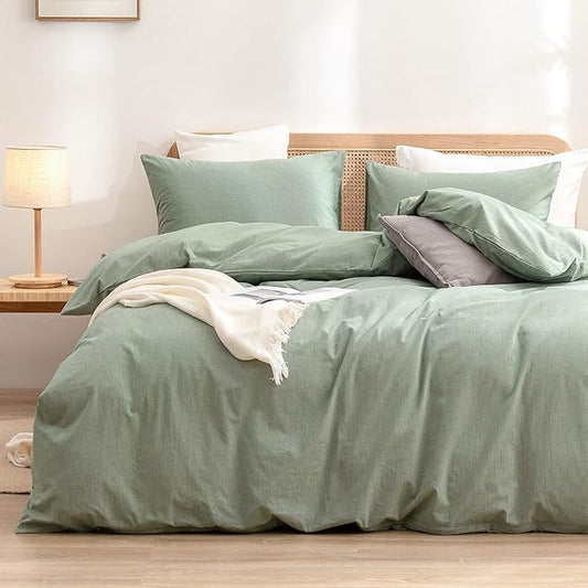 BESTOUCH Duvet Cover Set 100% Washed Cotton Linen Feel Super Soft Comfortable Chic Lightweight 3 PCs Home Bedding Set Solid Green Queen