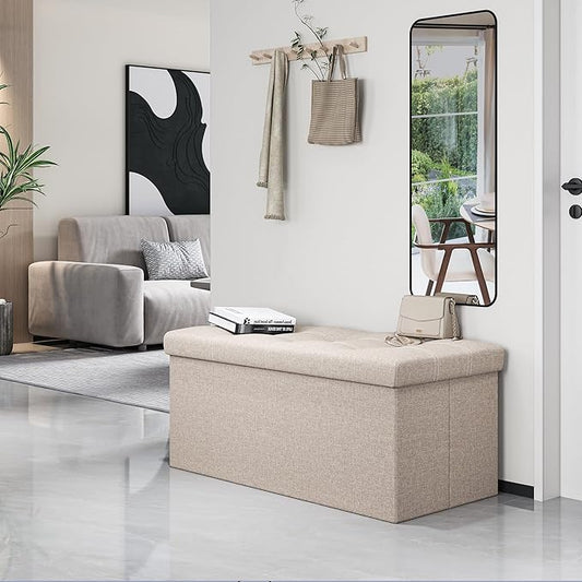 Youdesure Folding Storage Ottoman Bench, Footrest Couch for Living Room, 30 inch Storage Bench with Padded Seat for Bedroom Hallway, Holds up to 350lbs, Linen Fabric Beige