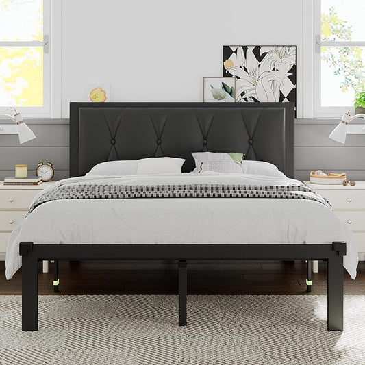 Queen Size Metal Bed Frame, Platform Bed with Faux Leather Button Tufted Headboard, 12" Underbed Storage, Steel Slats Support, No Box Spring Needed, Easy Assembly, Noise-Free, Black