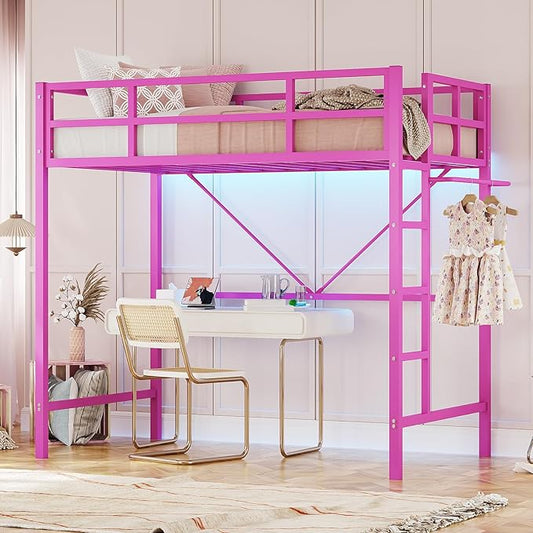 DICTAC Loft Bed Twin Size with Ladder and Guardrail,Metal Twin Loft Bed with Led Lights,Pink Loft Bed for Girls,Small Space Saving Design for Bedroom,Kid Room and Dorm,No Box Spring Needed, Pink